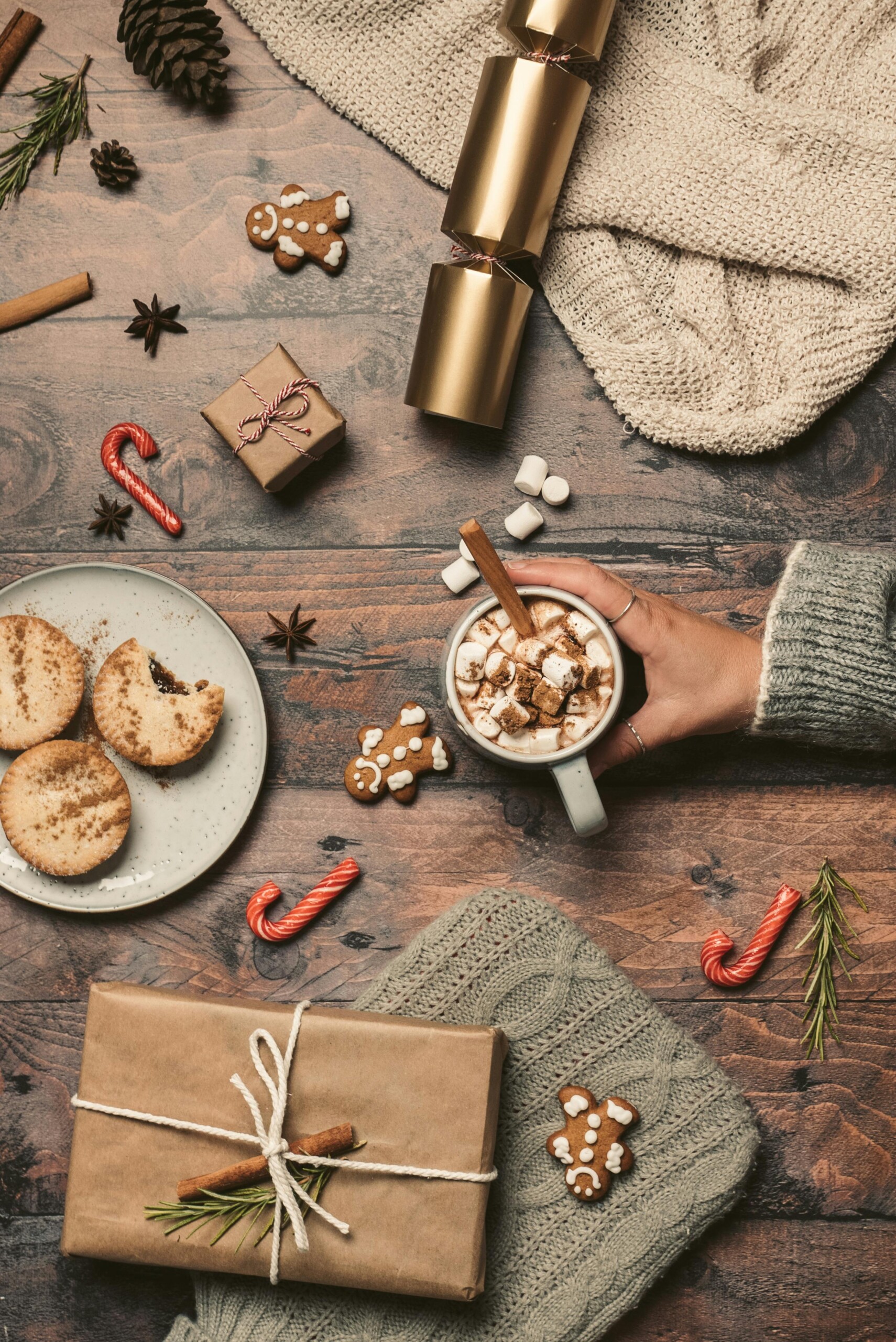 Photo of hand holding mug of hot chocolate surrounded by candy canes, cookies, and a wrapped present.