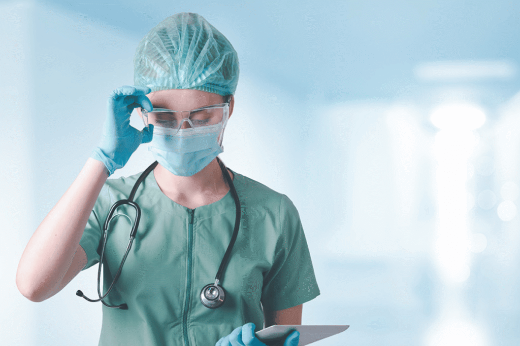 Photo of healthcare worker in scrubs and mask looking at chart.
