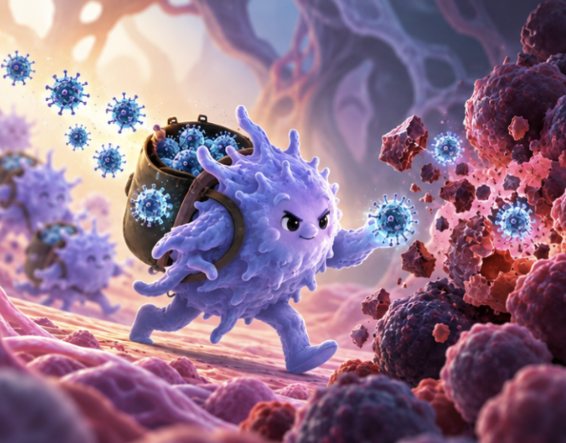 a virus as a cartoon character running around with legs and a backpack