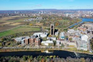 An aerial shot of Carleton's campus in the Fall