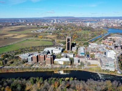 An aerial shot of Carleton's campus in the Fall