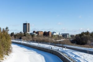 A view of Carleton's campus from Colonel By Drive