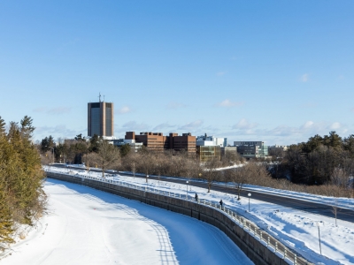 A view of Carleton's campus from Colonel By Drive