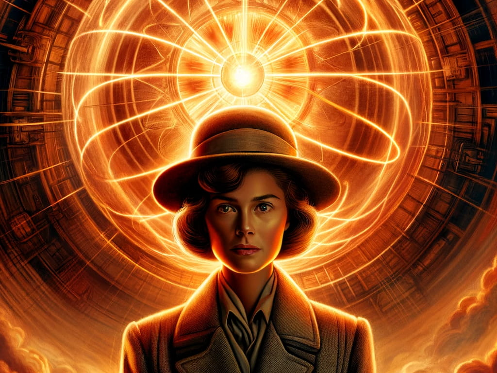 Image created using Open AI with a woman in a hat and trench coat surrounded by light energy 