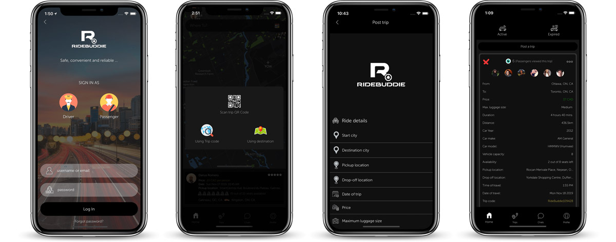 Screenshots of the RideBuddie app