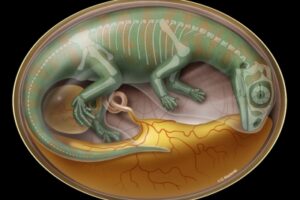 A rendering of Lufengosaurus in the womb with a faint skeletal out